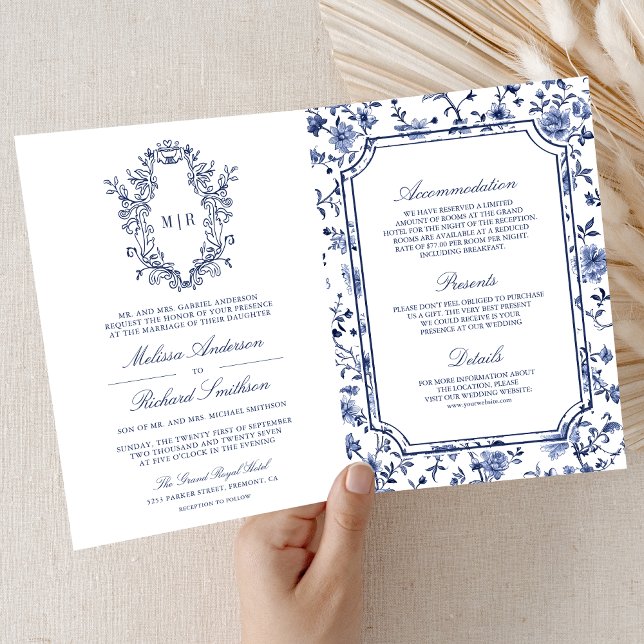 White and Blue Chinoiserie Crest QR Code Wedding Invitation (Creator Uploaded)