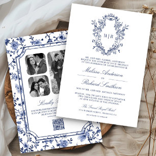 White and Blue Chinoiserie Crest QR Code Wedding Invitation