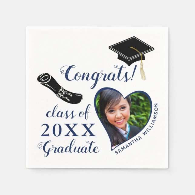White and Blue Class of 2025 Photo Graduation Napkins (Front)