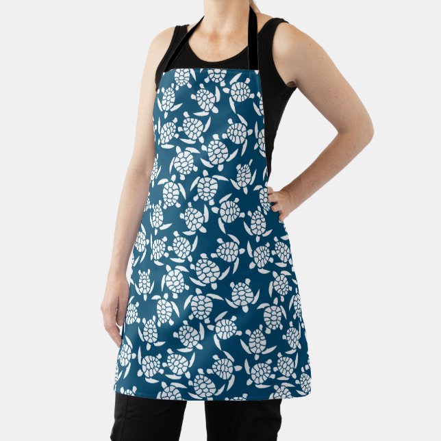 White and Blue Coastal Style Turtle Pattern Apron (Insitu)