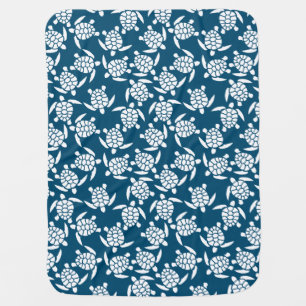 White and Blue Coastal Style Turtle Pattern Baby Blanket