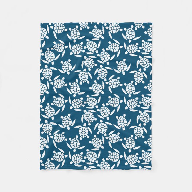 White and Blue Coastal Style Turtle Pattern Fleece Blanket (Front)