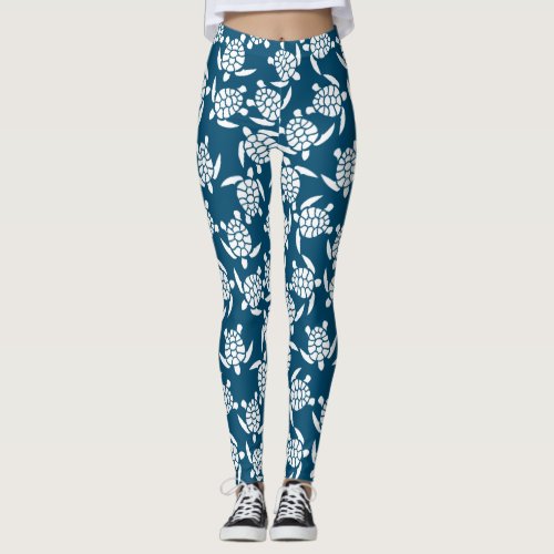 White and Blue Coastal Style Turtle Pattern Leggings