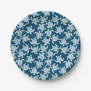 White and Blue Coastal Style Turtle Pattern Paper Plates