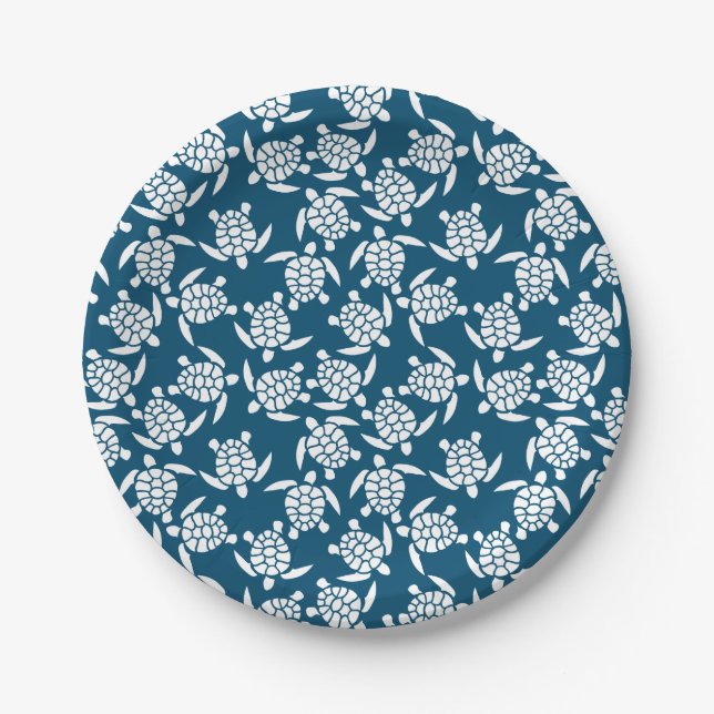 White and Blue Coastal Style Turtle Pattern Paper Plates (Front)