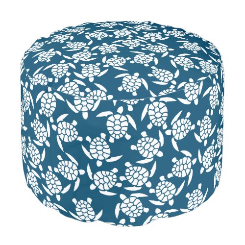 White and Blue Coastal Style Turtle Pattern Pouf