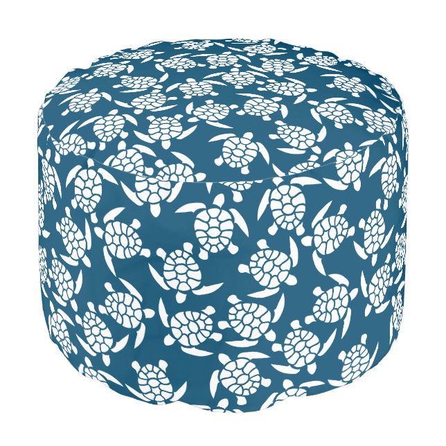 White and Blue Coastal Style Turtle Pattern Pouf (Angled Front)