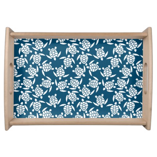 White and Blue Coastal Style Turtle Pattern Serving Tray