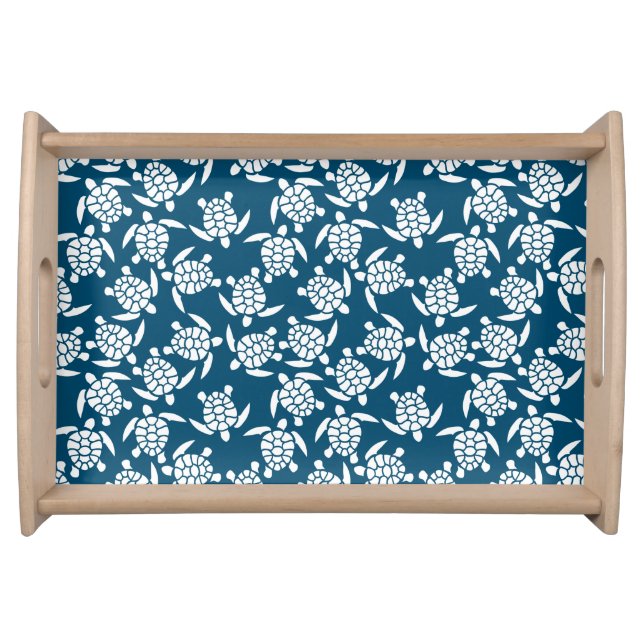 White and Blue Coastal Style Turtle Pattern Serving Tray (Front)