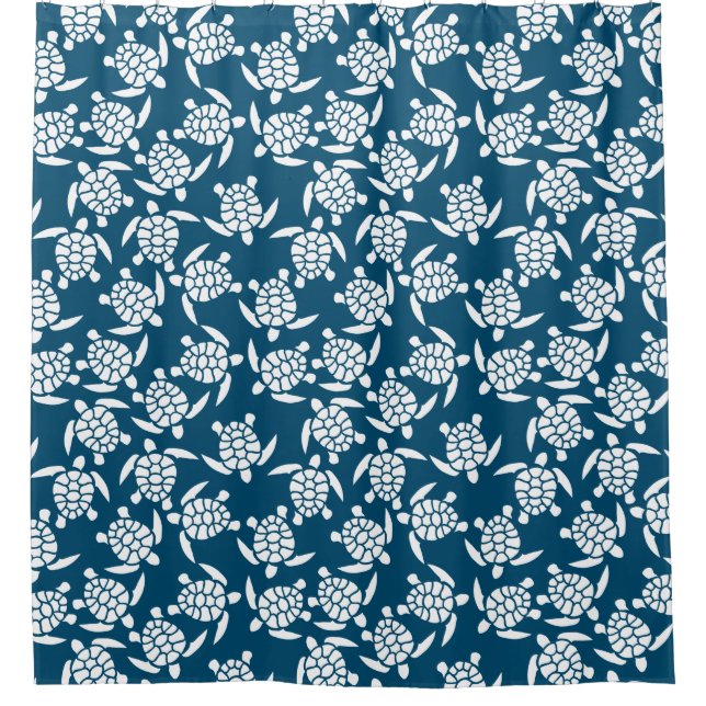 White and Blue Coastal Style Turtle Pattern Shower Curtain (Front)