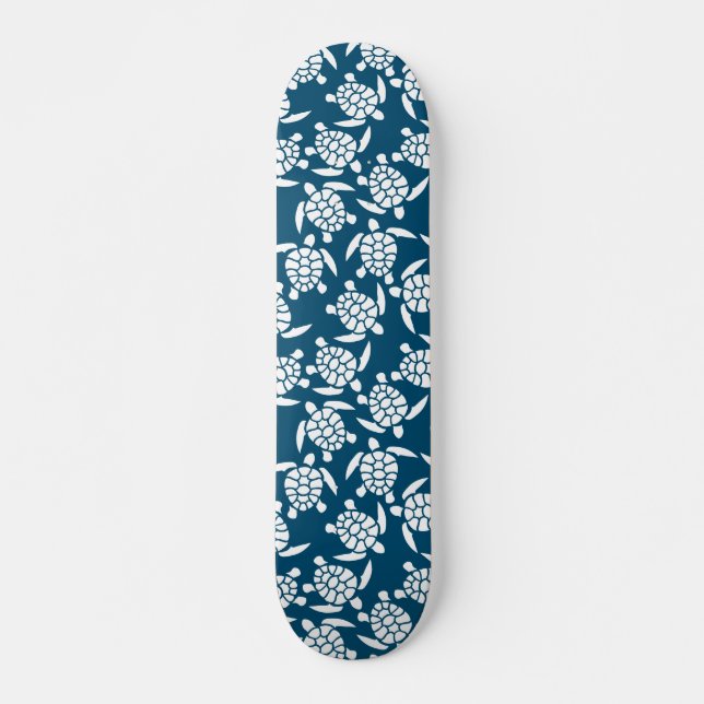White and Blue Coastal Style Turtle Pattern Skateboard (Front)
