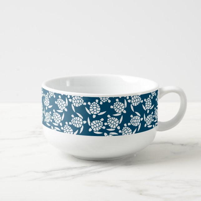 White and Blue Coastal Style Turtle Pattern Soup Mug (Left)