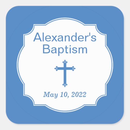 White and Blue Cross Baptism Square Sticker