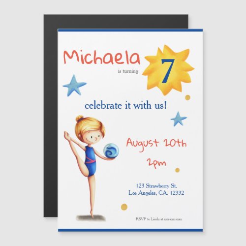 White and blue cute rhythmic gymnast illustrated magnetic invitation