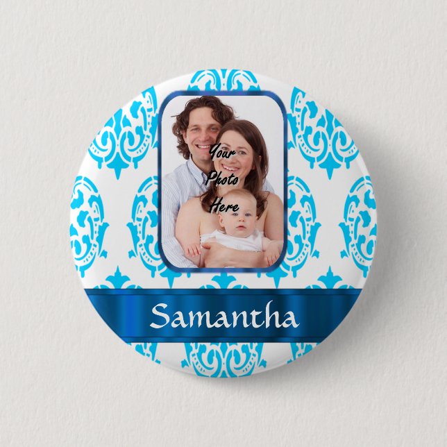 White and blue damask pinback button (Front)
