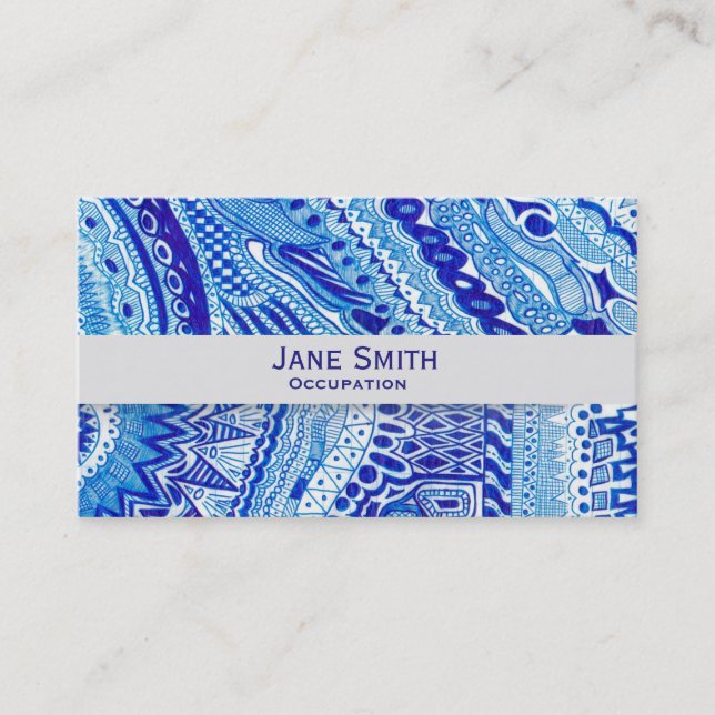 White and blue doodle pattern modern trendy business card (Front)