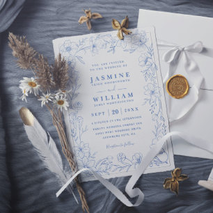White and Blue Elegant Floral QR Code Wedding Invitation