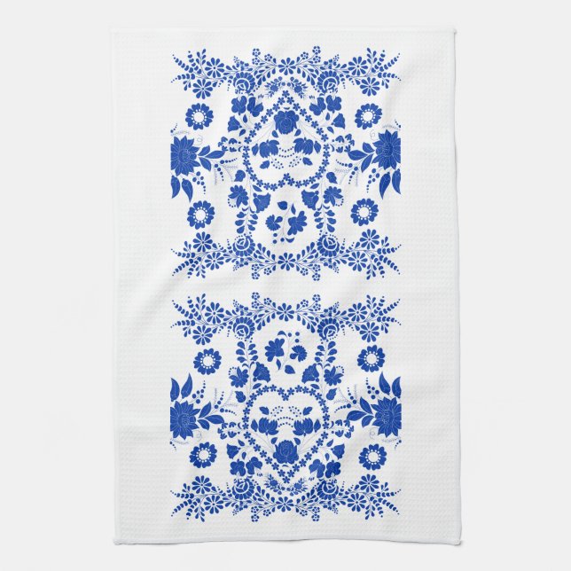 White and Blue European Folk Art Kitchen Towel (Vertical)