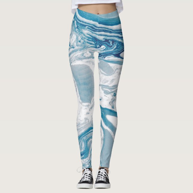 White and Blue Faux Marble Modern Leggings (Front)