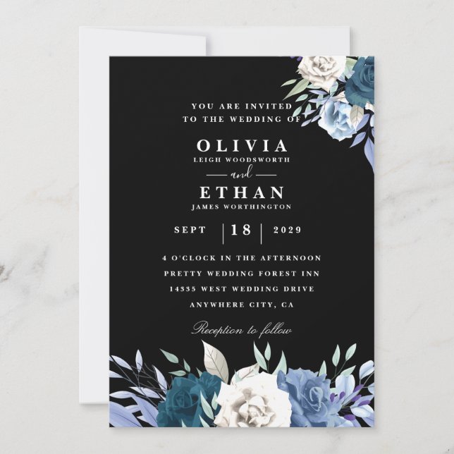 white and blue floral black wedding invitations (Front)