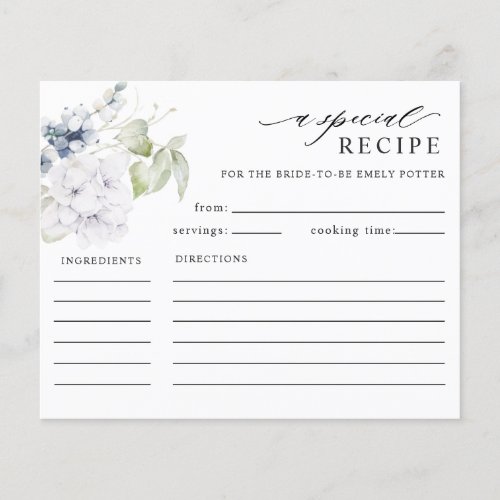 White and Blue Floral Bridal Shower Recipe Card