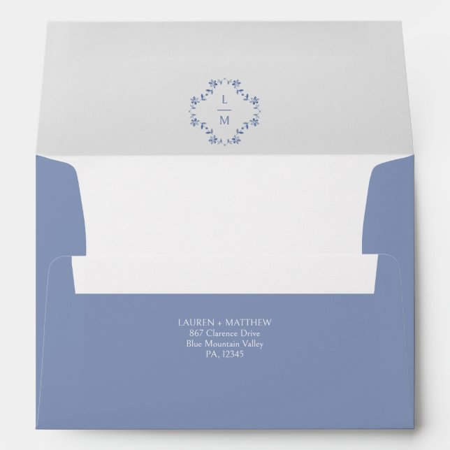 White and Blue Floral Monogram Wedding  Envelope (Back (Bottom))
