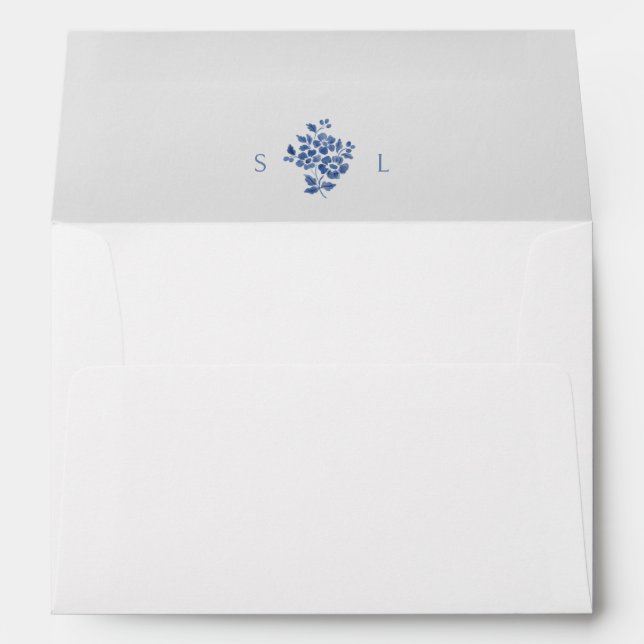 White and Blue Floral Monogram Wedding  Envelope (Back (Bottom))