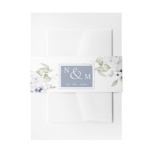 White and Blue Floral Monogram Wedding Invitation Belly Band