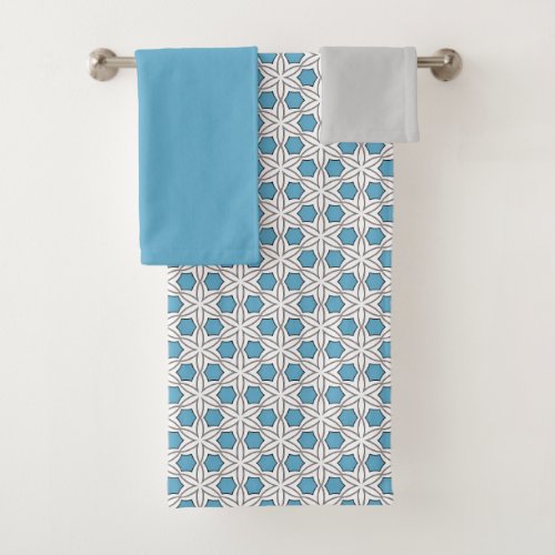 White and Blue Floral Mosaic Bath Towel Set