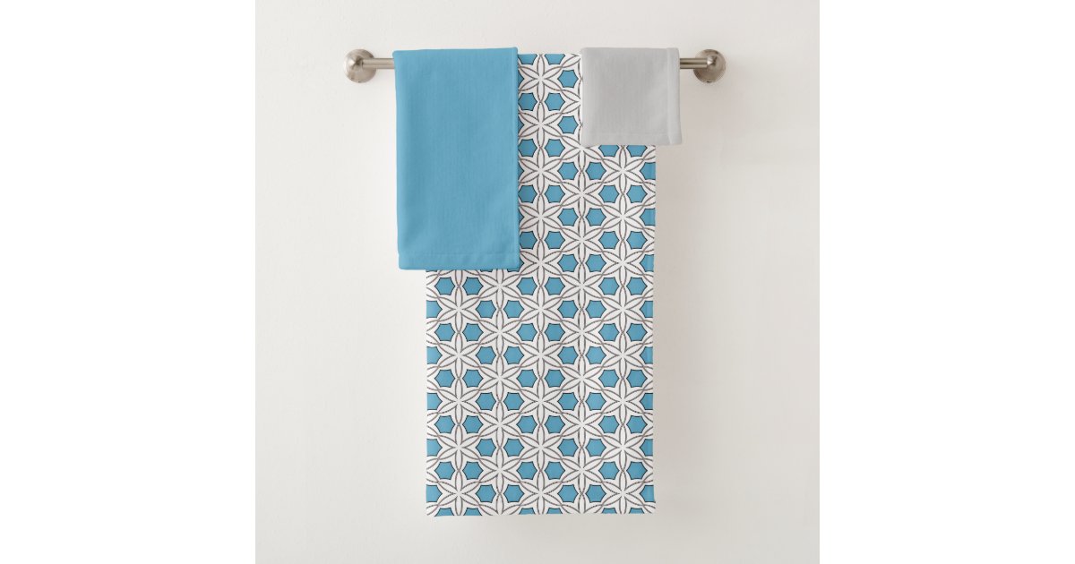 White and Blue Floral Mosaic Bath Towel Set | Zazzle
