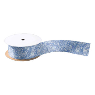 White and Blue Floral Paisley Satin Ribbon