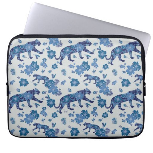 White and Blue Floral Tiger Laptop Sleeve