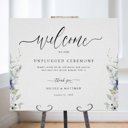 White and Blue Floral, Unplugged Ceremony Sign