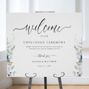 White and Blue Floral, Unplugged Ceremony Sign