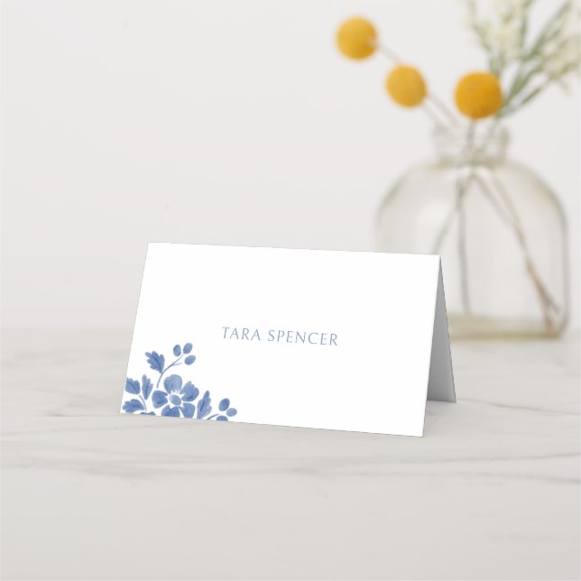 White and Blue | Floral Wedding  Place Card (Front)