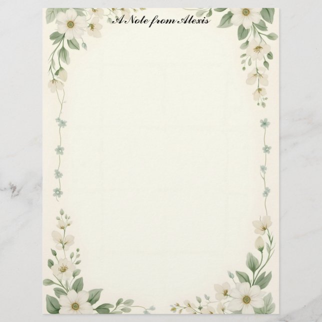 White and Blue Flower Frame Stationery Paper (Front)