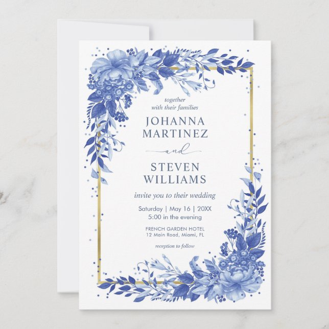 White and Blue Flowers Golden Frame Wedding Invitation (Front)