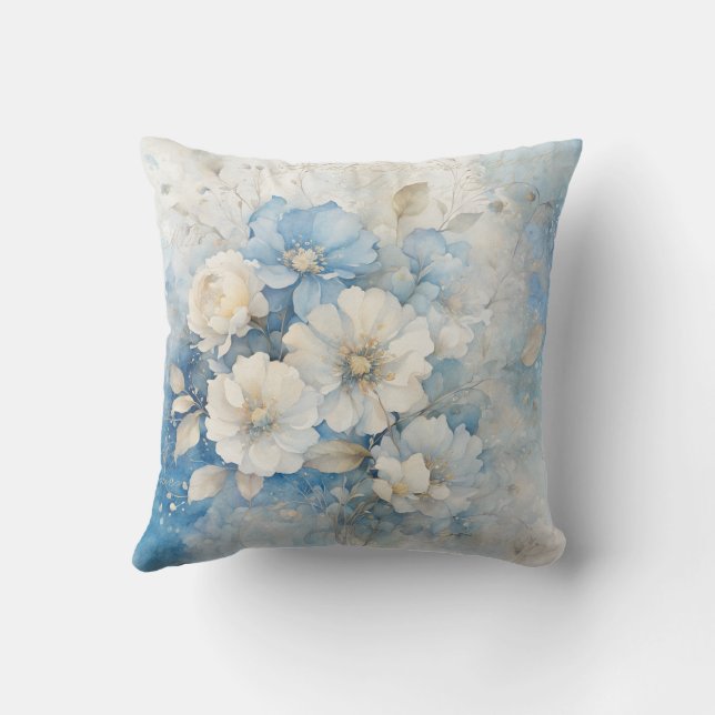 White and Blue Flowers Throw Pillow (Back)