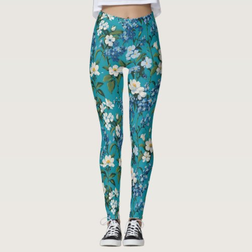 White and Blue Flowers with Teal background Floral Leggings