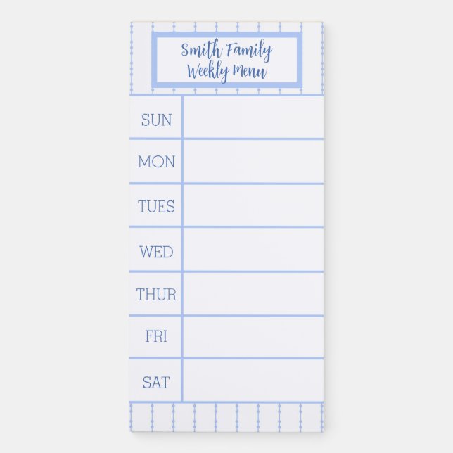 White and Blue French Pinstripe Weekly Menu Magnetic Notepad (Front)