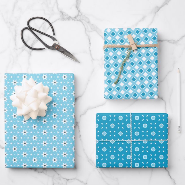 White and Blue Geometric Forms Wrapping Paper Sheets (Front)