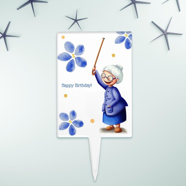White and Blue Grandmother Smiling Birthday Cake Topper
