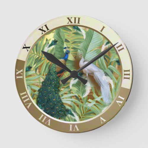 White and Blue_green Royal Peacocks Round Clock