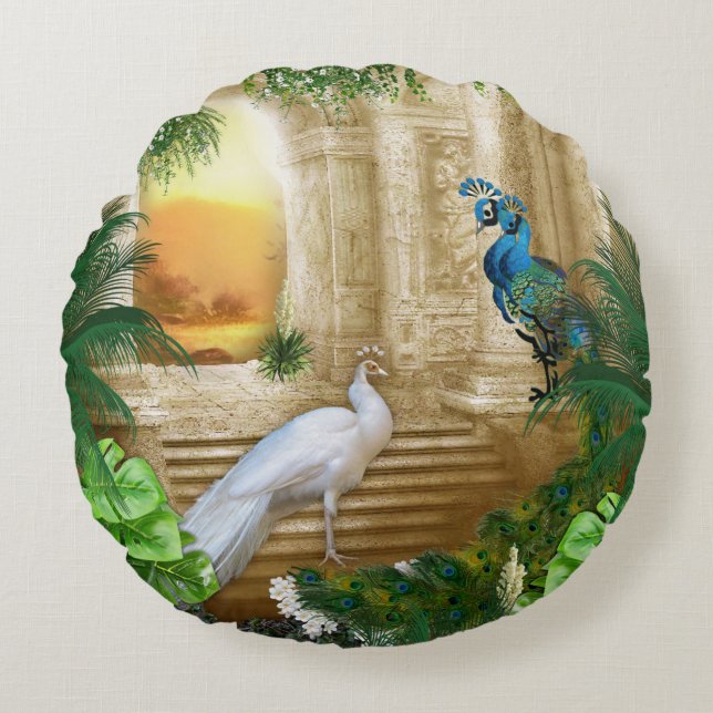 White and Blue-green Royal Peacocks Round Pillow (Front)