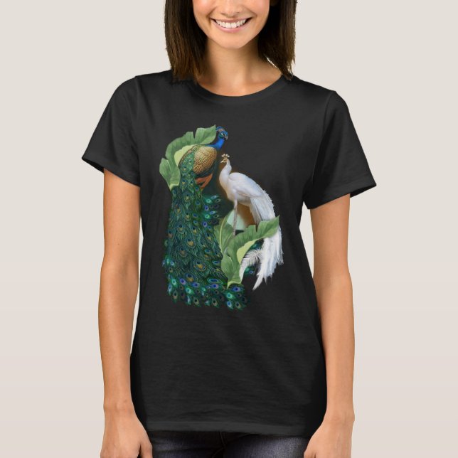 White and Blue-green Royal Peacocks T-Shirt (Front)