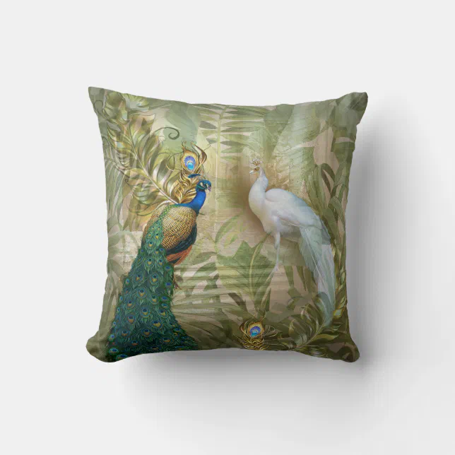 White and Blue-green Royal Peacocks Throw Pillow | Zazzle