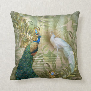 White and Blue-green Royal Peacocks Throw Pillow