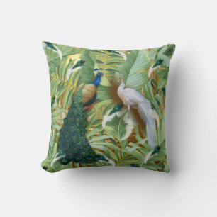 White and Blue-green Royal Peacocks Throw Pillow
