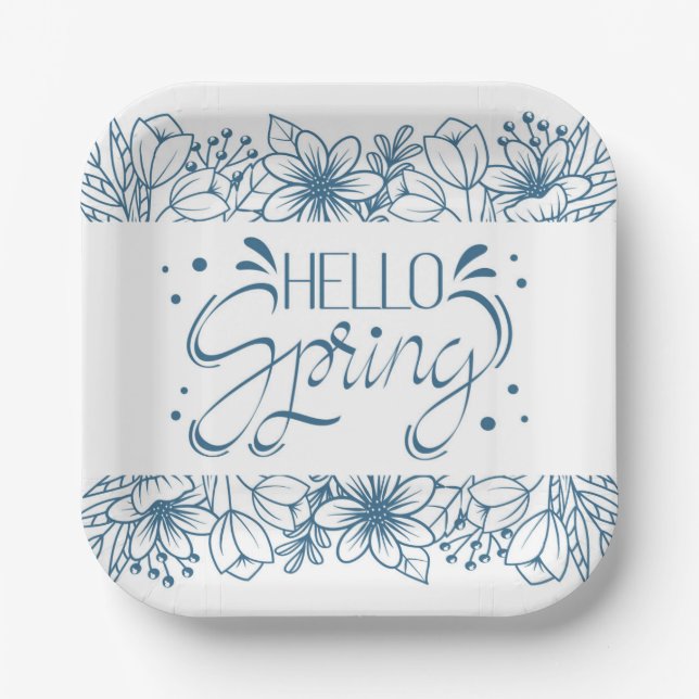 White and Blue Hello Spring Paper Plate (Front)