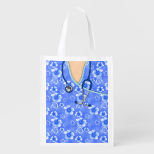 White And Blue Hibiscus Island Medical Scrubs Reusable Grocery Bag